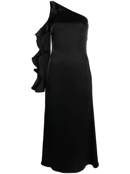 Asymmetric Ruffle-Trim Satin Dress