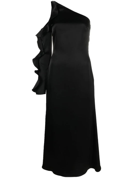 Asymmetric Ruffle-Trim Satin Dress