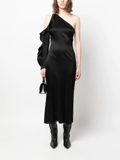Asymmetric Ruffle-Trim Satin Dress