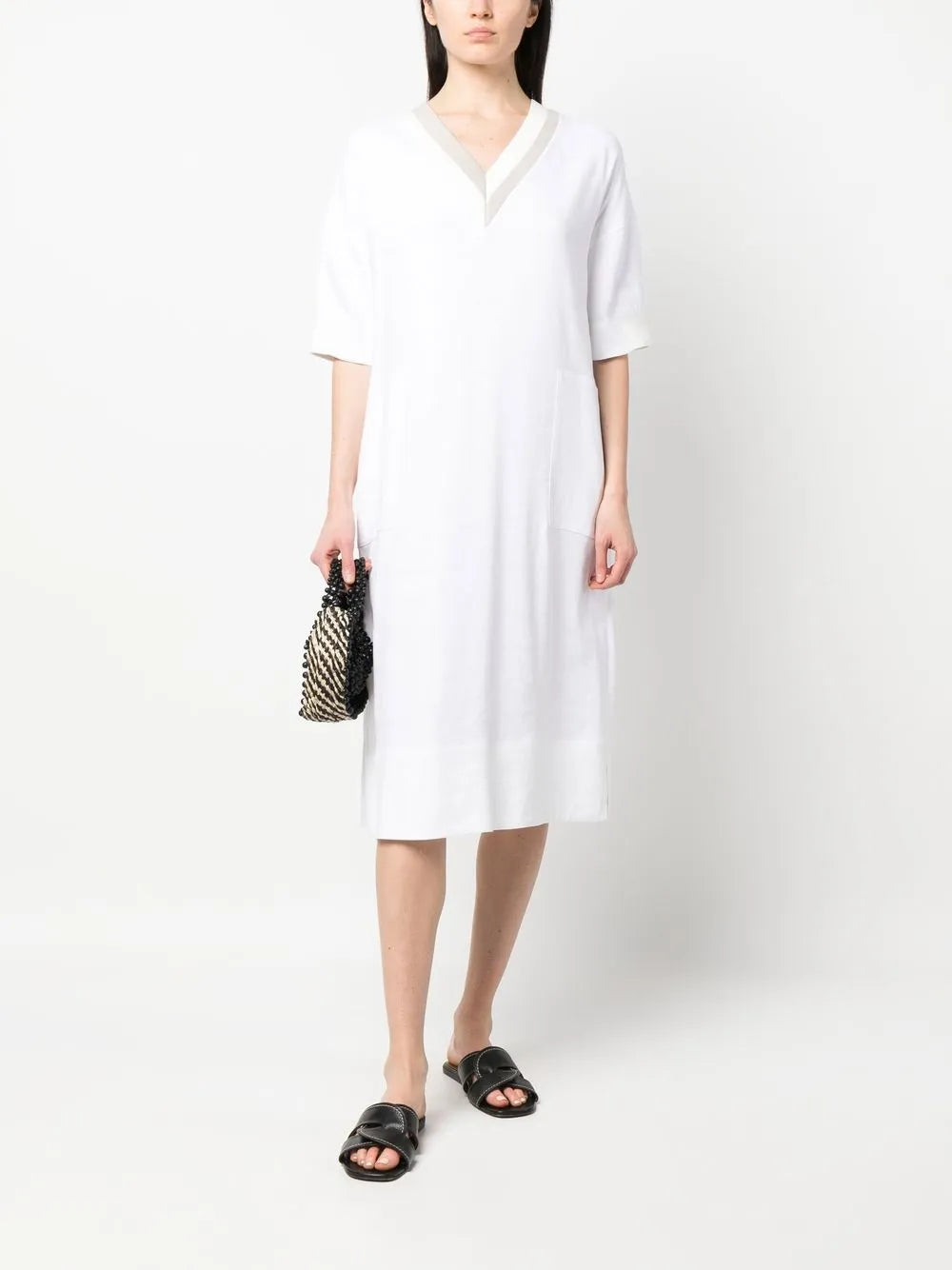 V-Neck Linen-Blend Midi Dress