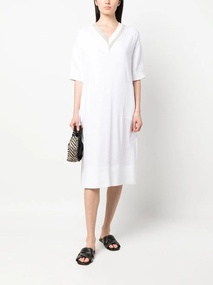 V-Neck Linen-Blend Midi Dress