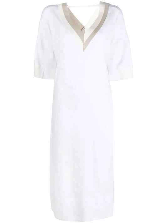 V-Neck Linen-Blend Midi Dress