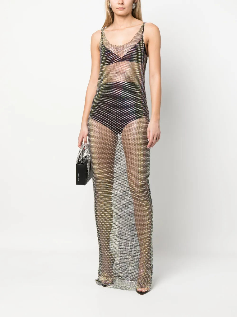 Rhinestone-Embellished Mesh Maxi Dress