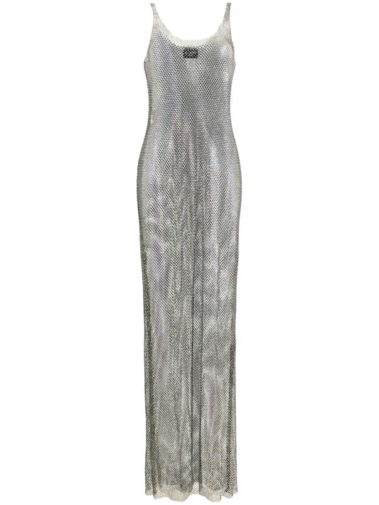 Rhinestone-Embellished Mesh Maxi Dress