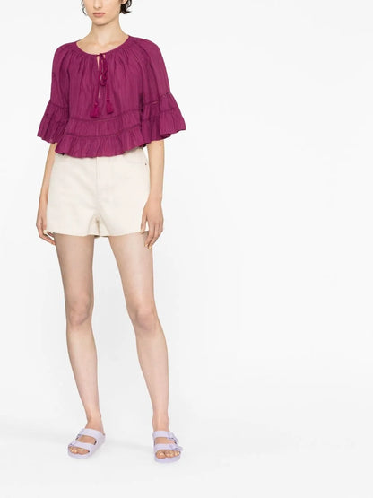 Drawstring Neck Ruffled Blouse