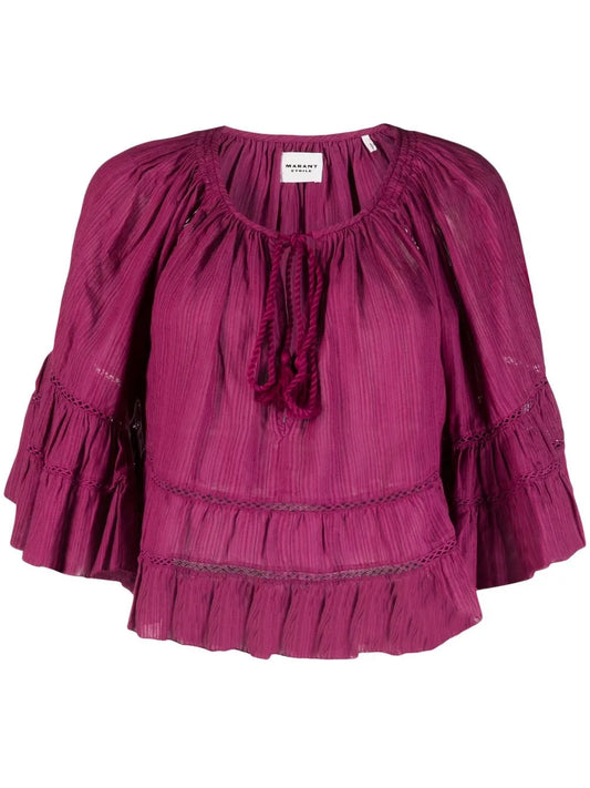 Drawstring Neck Ruffled Blouse