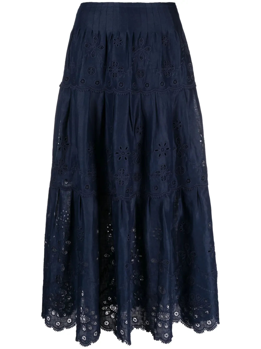 Eyelet-Embroidered Tiered Midi Skirt