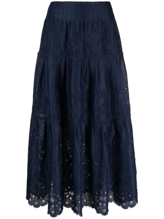 Eyelet-Embroidered Tiered Midi Skirt