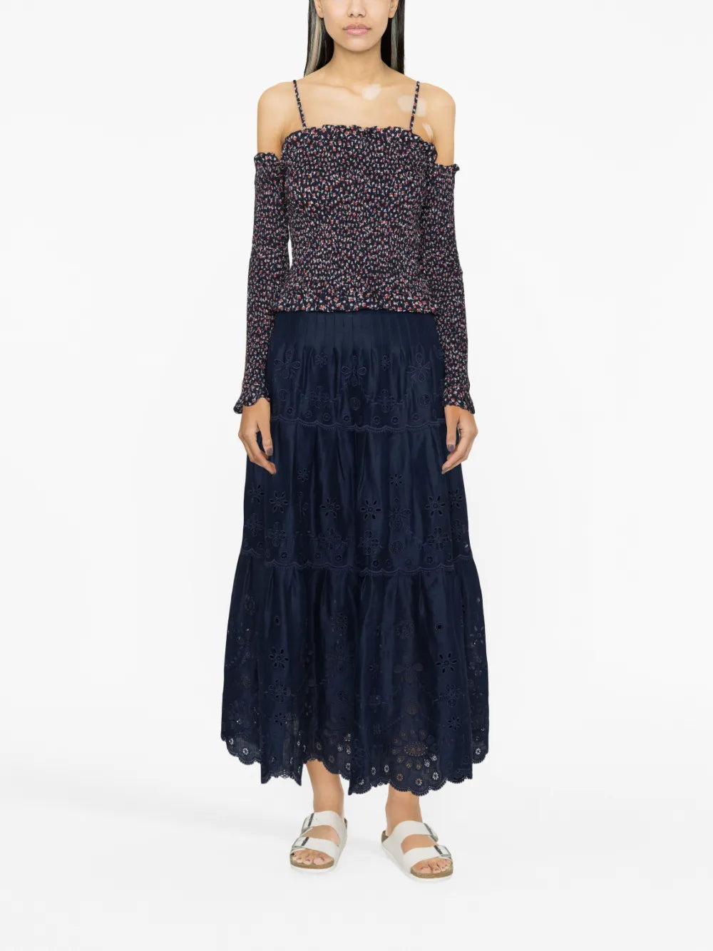 Eyelet-Embroidered Tiered Midi Skirt