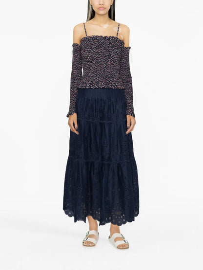 Eyelet-Embroidered Tiered Midi Skirt