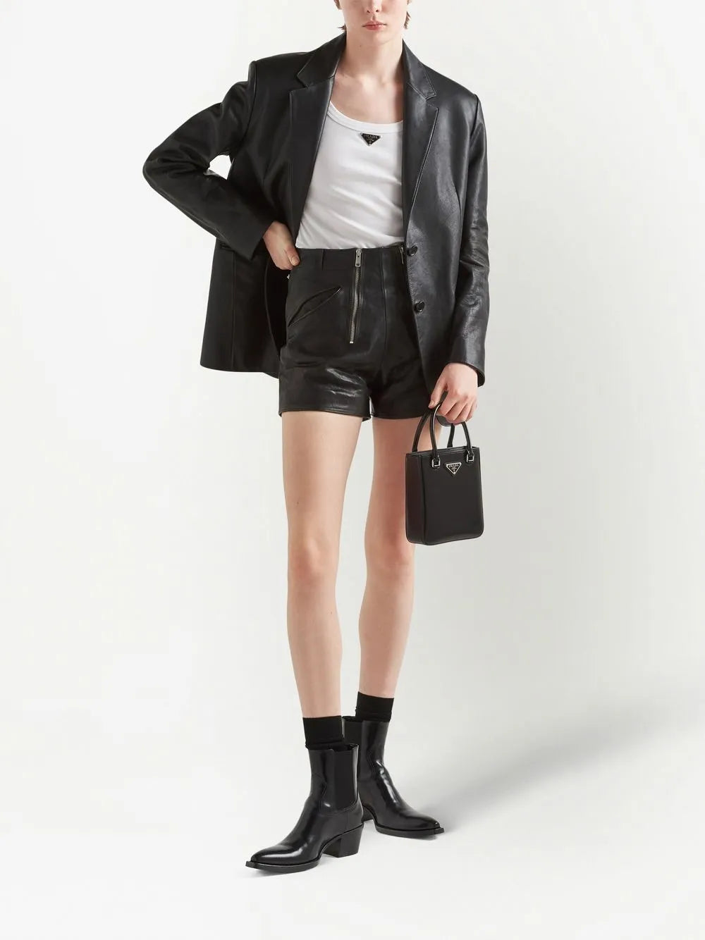 Double-Zip Leather Shorts