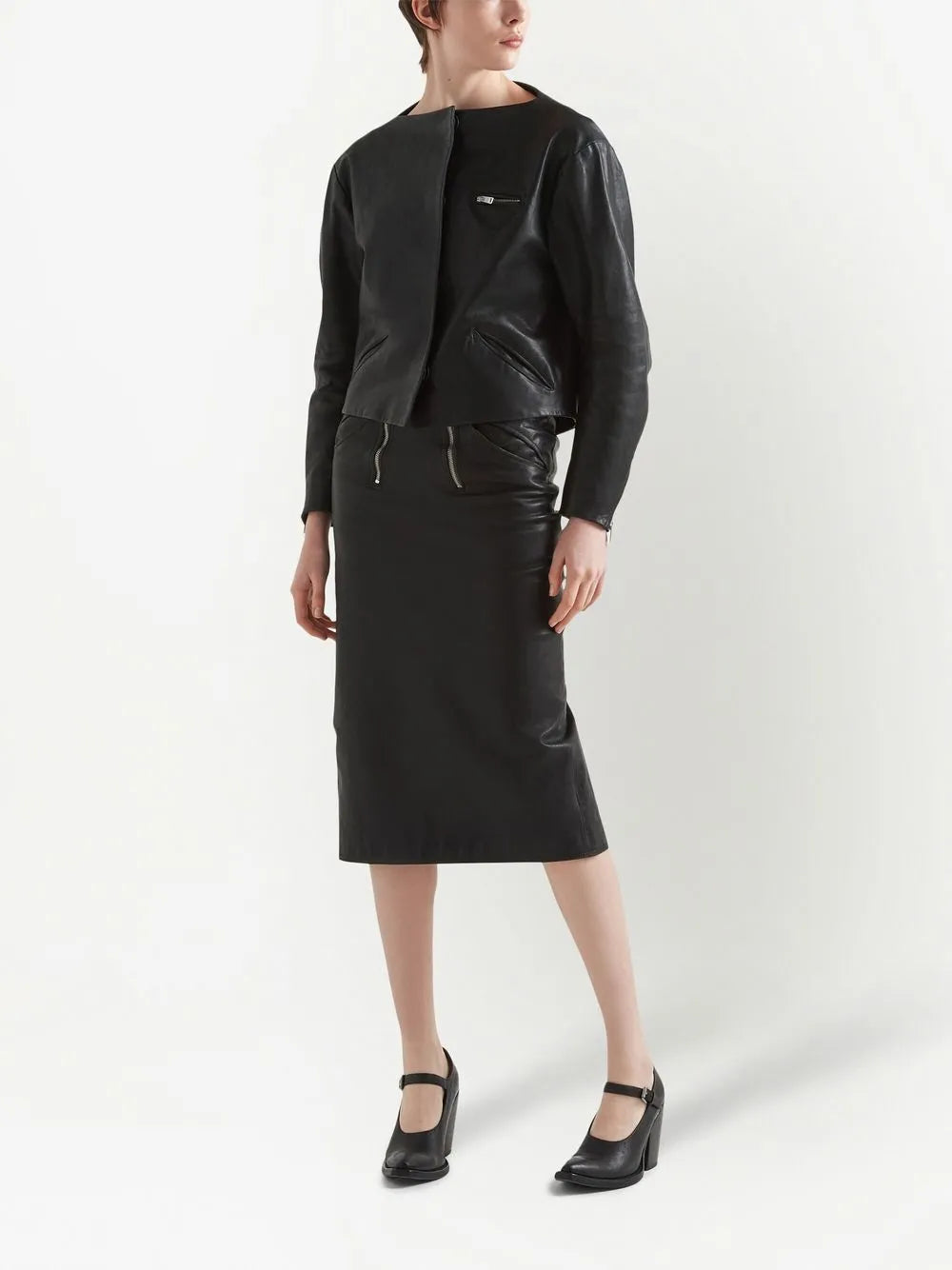 Double-Zip Leather Pencil Skirt