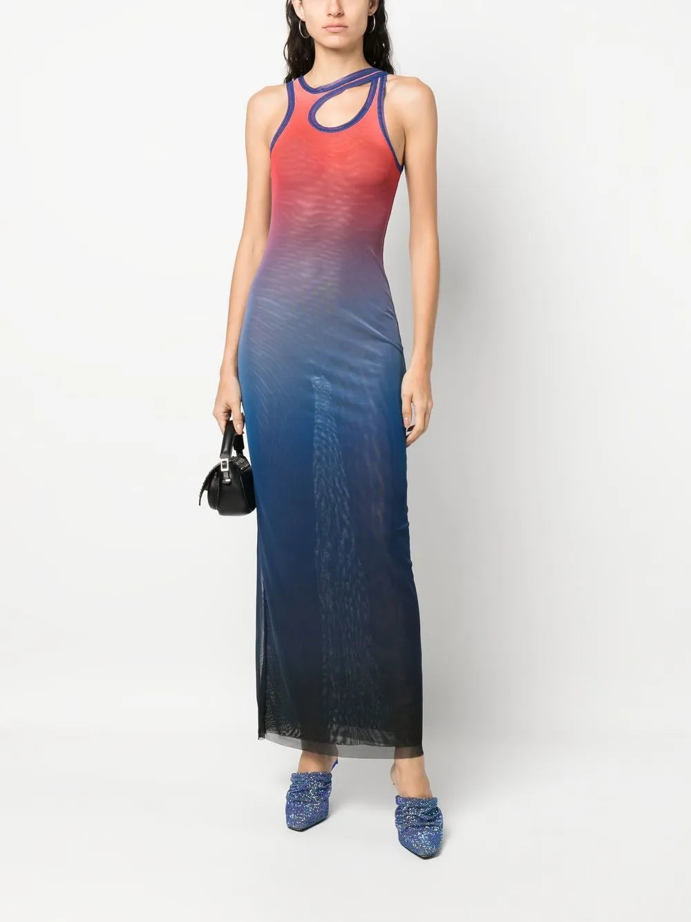Gradient-Print Sleeveless Mesh Maxi Dress