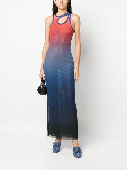 Gradient-Print Sleeveless Mesh Maxi Dress