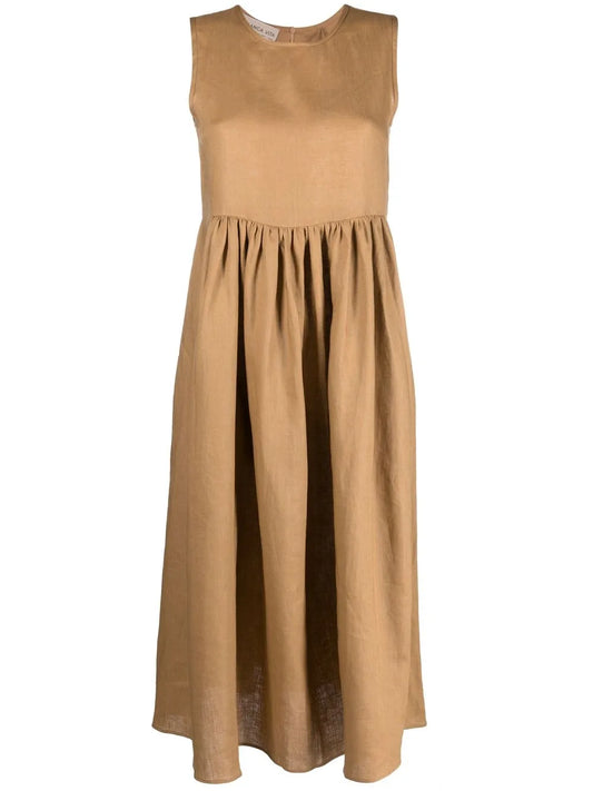 Pleated Sleeveless Linen Midi Dress
