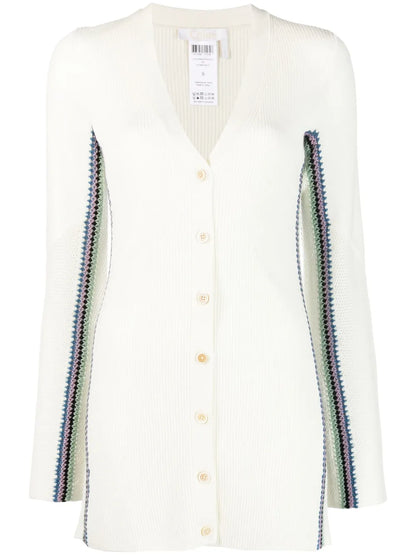 Stripe-Detail Long Wool Cardigan