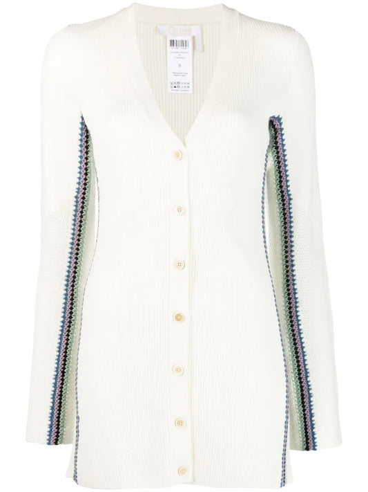 Stripe-Detail Long Wool Cardigan