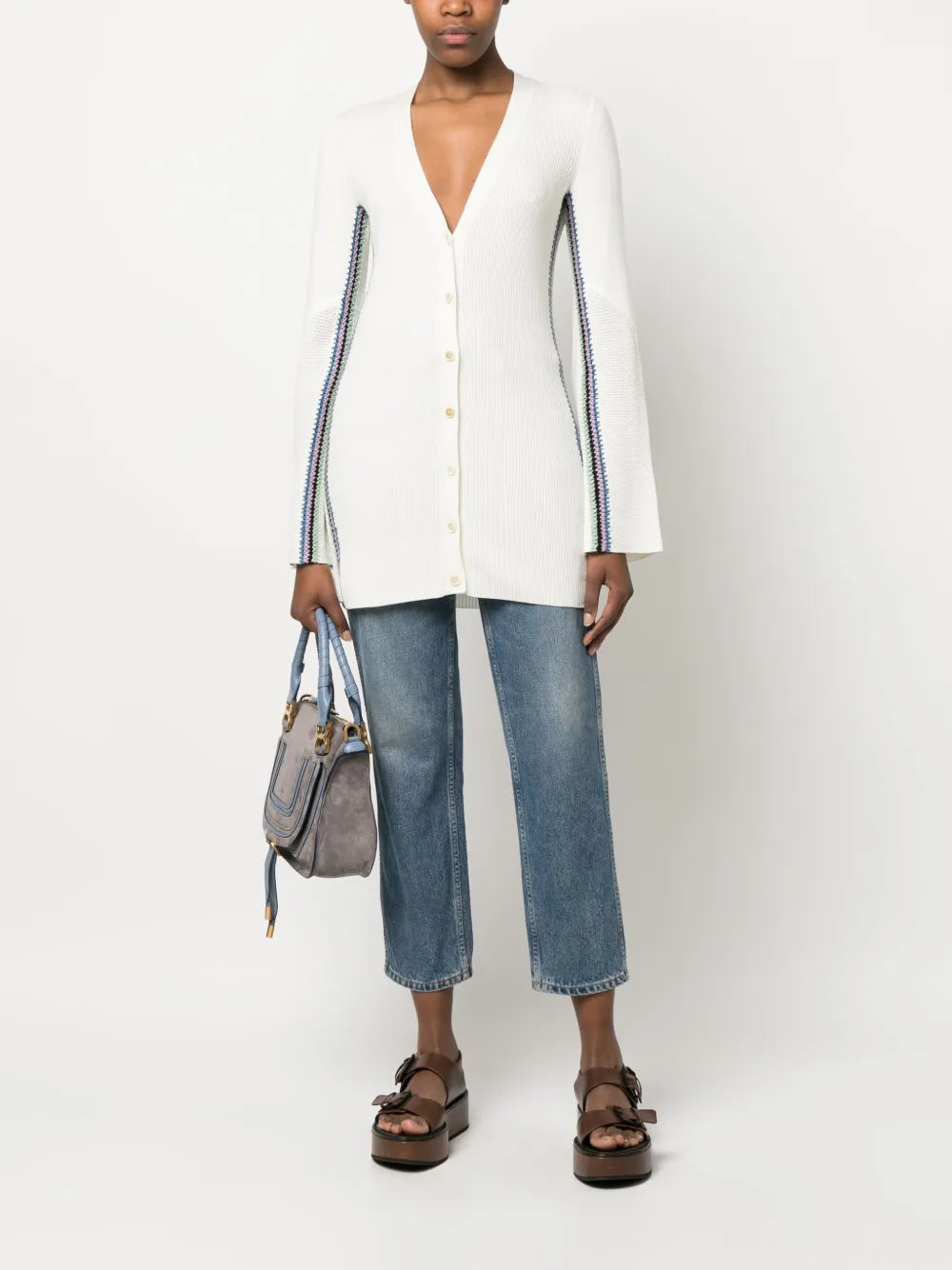 Stripe-Detail Long Wool Cardigan