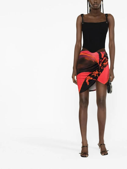 Coastline Red Queen-Print Draped Miniskirt