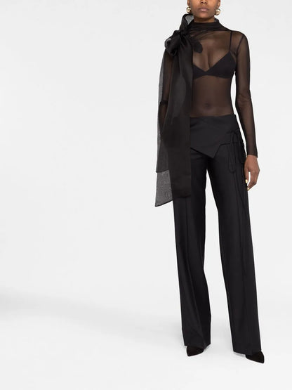 Semi-Sheer Bow-Detail Bodysuit
