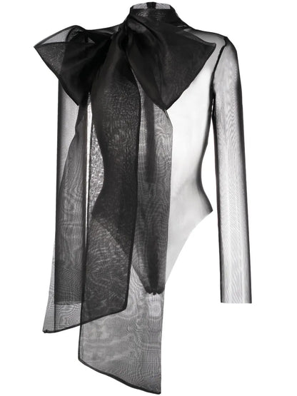 Semi-Sheer Bow-Detail Bodysuit