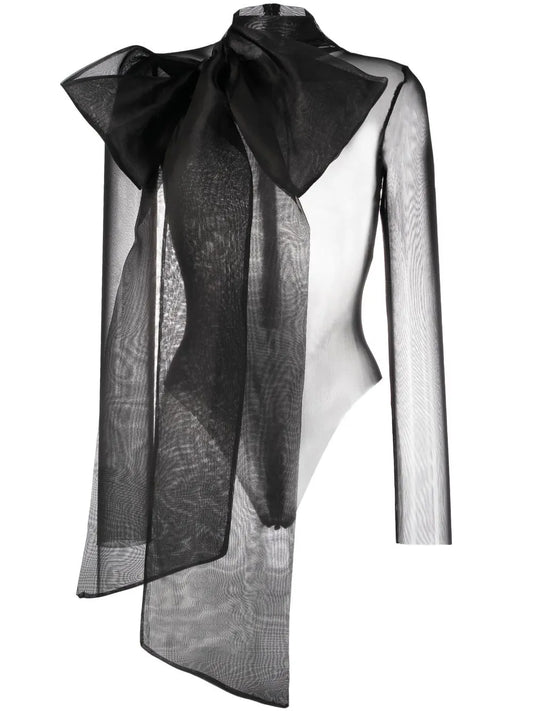 Semi-Sheer Bow-Detail Bodysuit