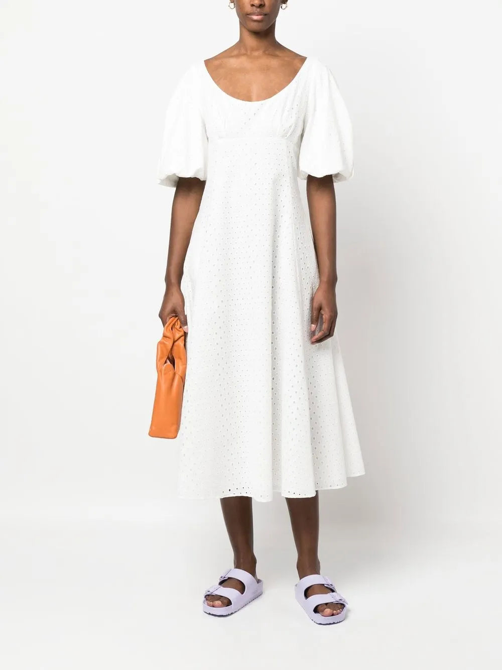 Puff-Sleeve Embroidered Midi Dress