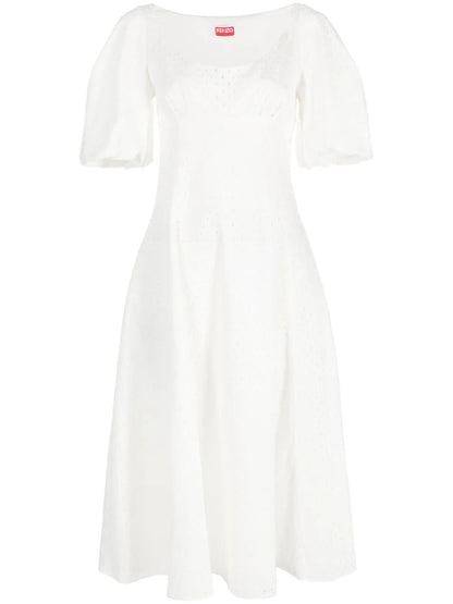 Puff-Sleeve Embroidered Midi Dress