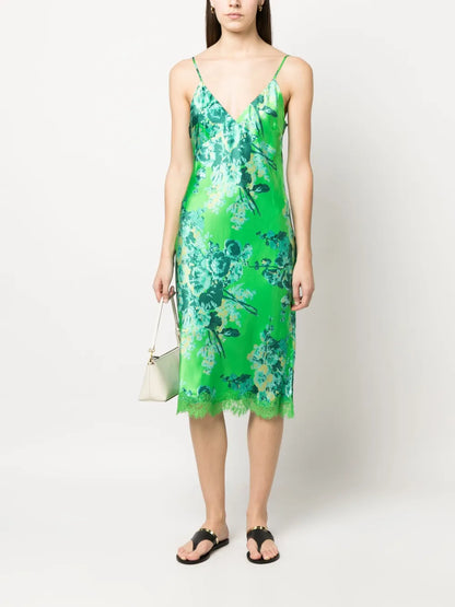 Floral-Print Lace-Detail Silk Dress
