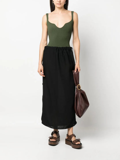 Side-Button Drawstring Midi Skirt