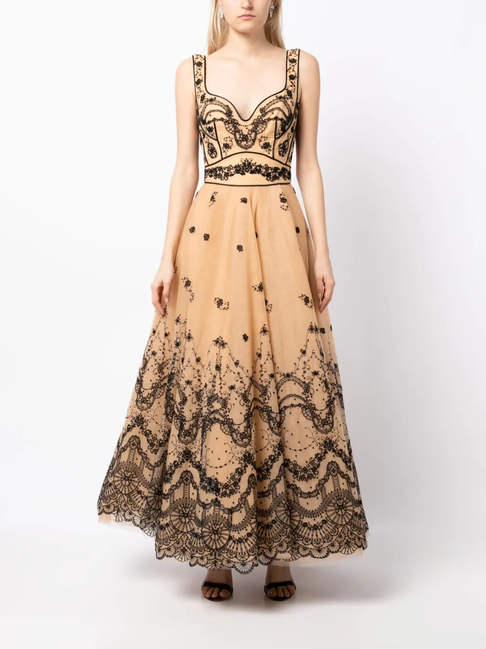 Floral-Embroidered Sleeveless Tulle Dress