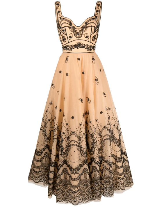 Floral-Embroidered Sleeveless Tulle Dress