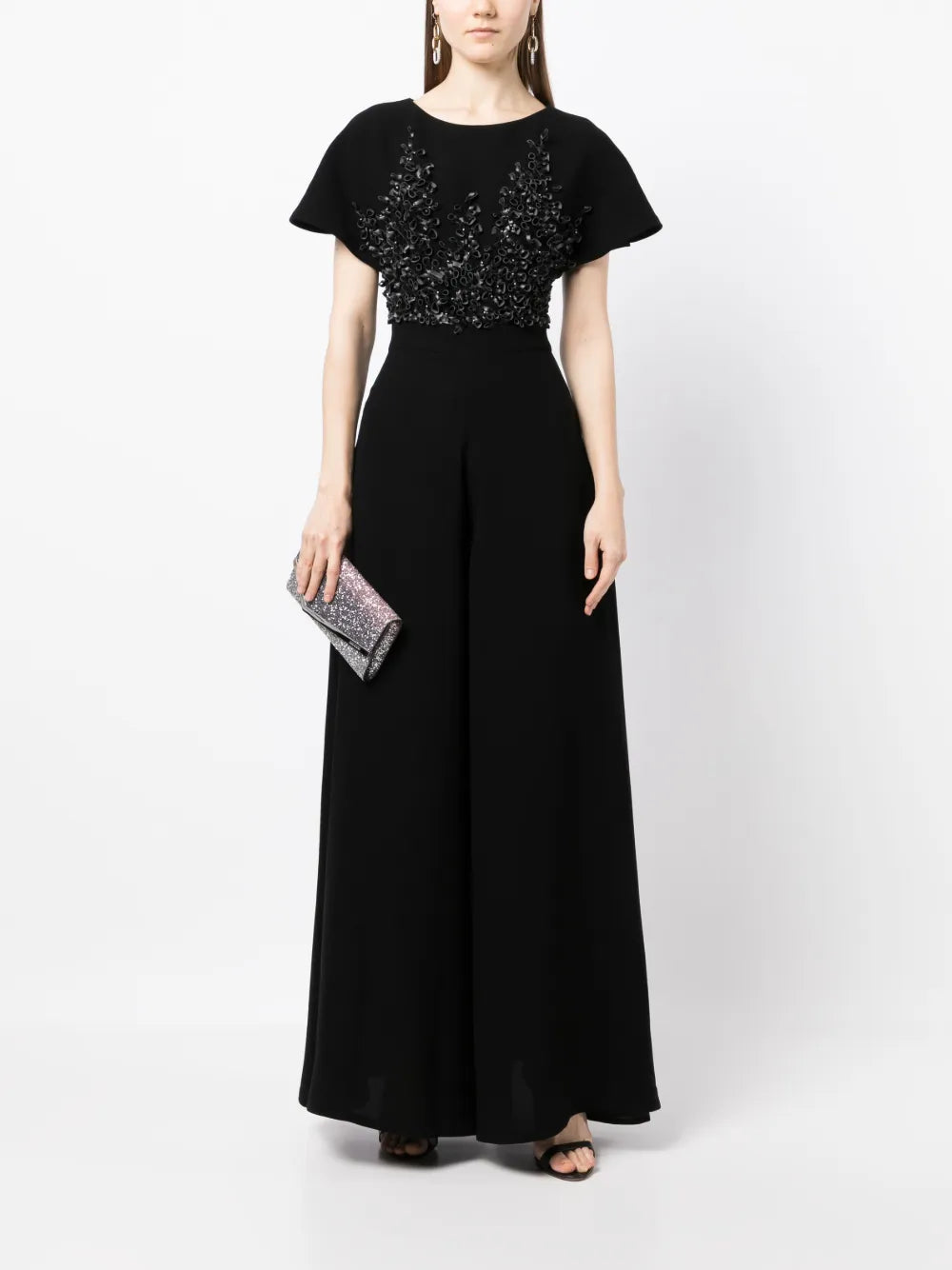 Flared Crepe Embroidered Jumpsuit