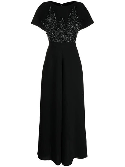 Flared Crepe Embroidered Jumpsuit