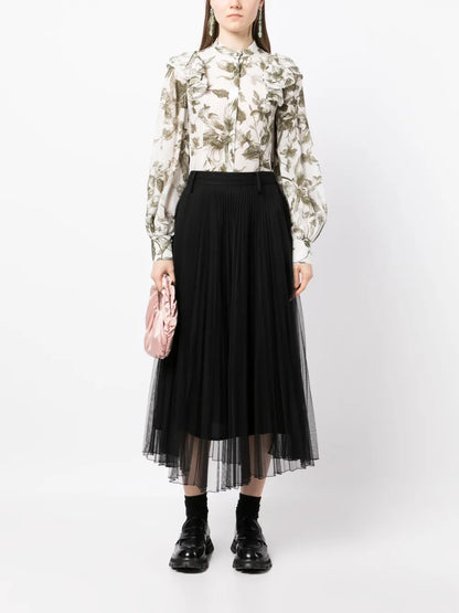 Floral-Print Bishop-Sleeve Blouse