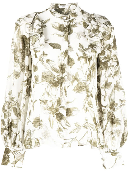 Floral-Print Bishop-Sleeve Blouse