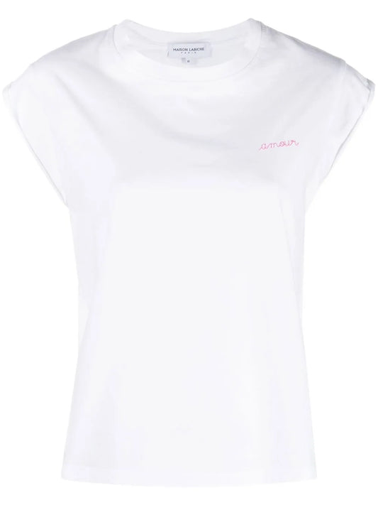 Embroidered-Slogan Cap-Sleeved T-Shirt