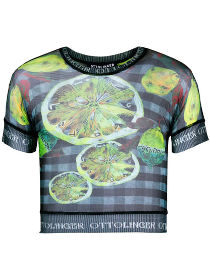 Lemon-Print Mesh Cropped T-Shirt