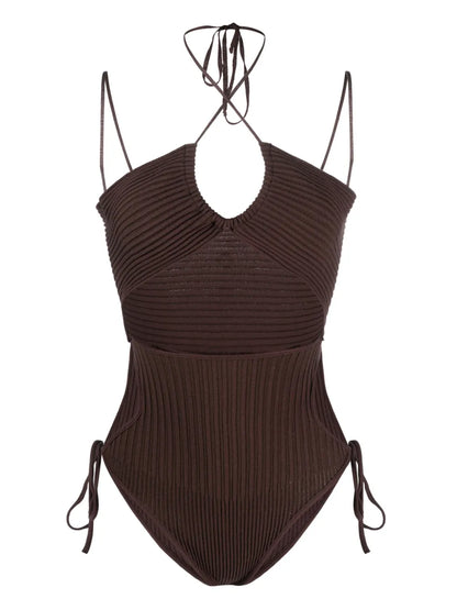Halterneck-Fastening Ribbed-Knit Bodysuit