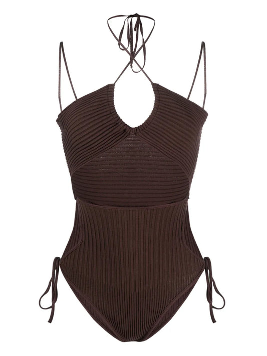Halterneck-Fastening Ribbed-Knit Bodysuit