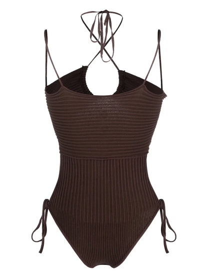 Halterneck-Fastening Ribbed-Knit Bodysuit