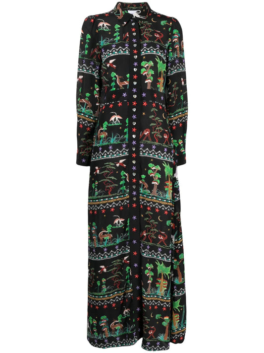 Printed Maxi Silk Shirt Dress
