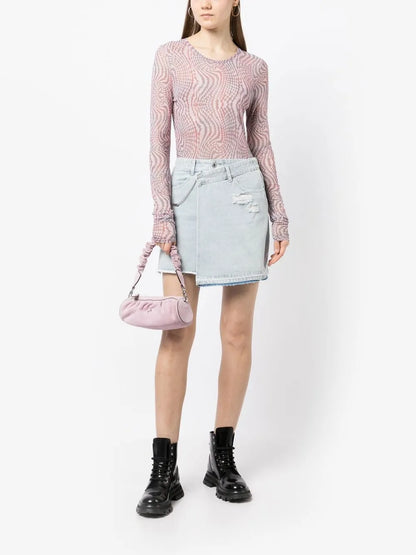Asymmetric Distressed Mini Denim Skirt