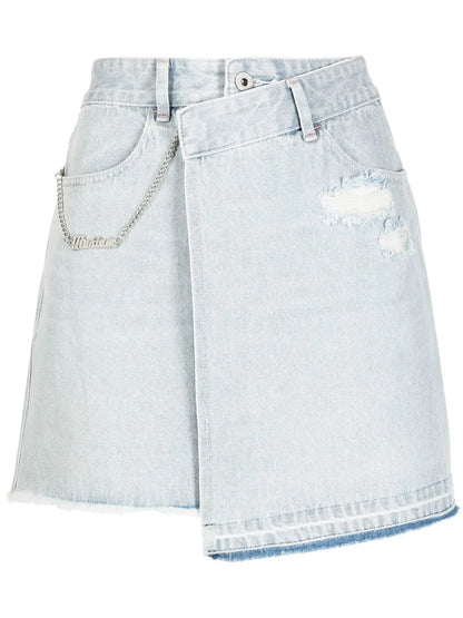 Asymmetric Distressed Mini Denim Skirt