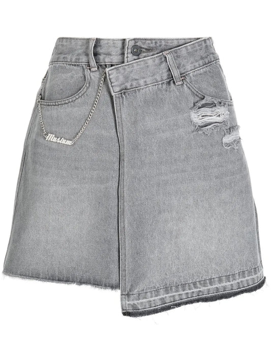 Asymmetric Distressed Mini Denim Skirt