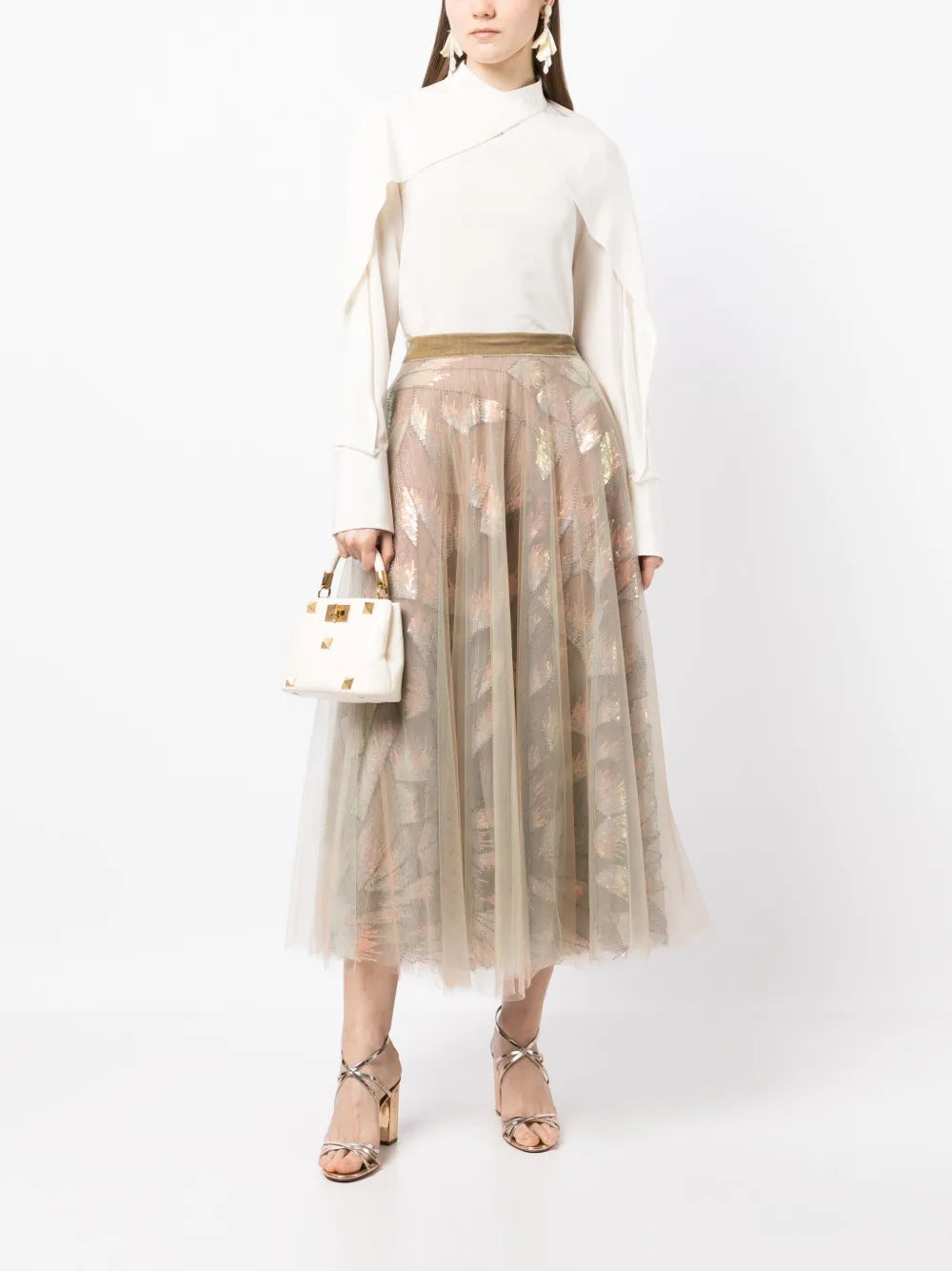 Tulle-Overlay Midi Skirt