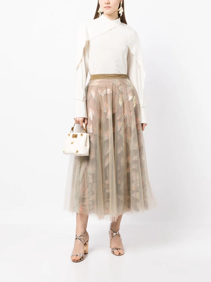 Tulle-Overlay Midi Skirt