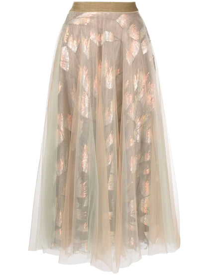Tulle-Overlay Midi Skirt