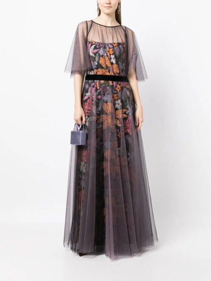 Floral-Embroidered Floor-Length Dress