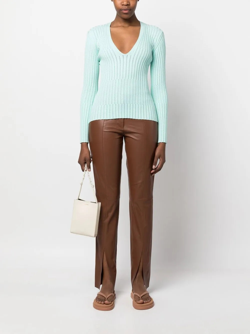 Ribbed V-Neck Long-Sleeve Top